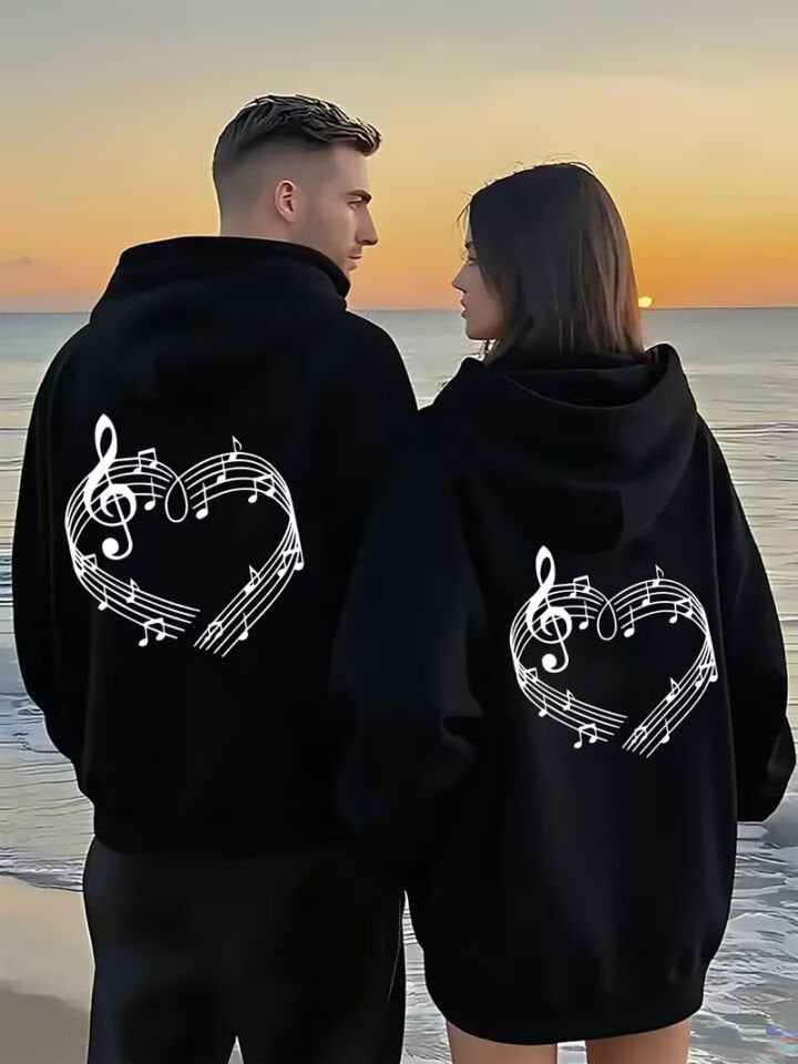 Sevgili Çift Kombin Oversize Hoodie – Müzik Notalı Kalp Baskılı Unisex Kapüşonlu Sweatshirt 2’li Set