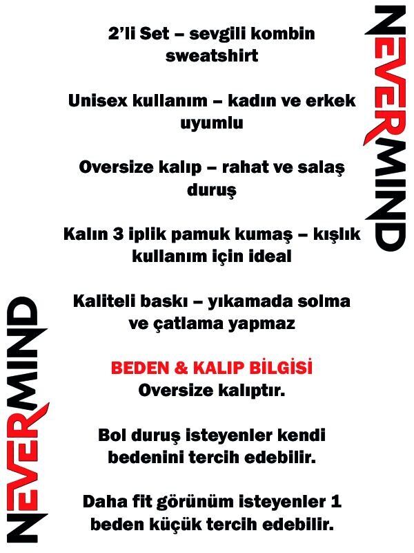 Sevgili Çift Kombin Oversize Hoodie – Müzik Notalı Kalp Baskılı Unisex Kapüşonlu Sweatshirt 2’li Set