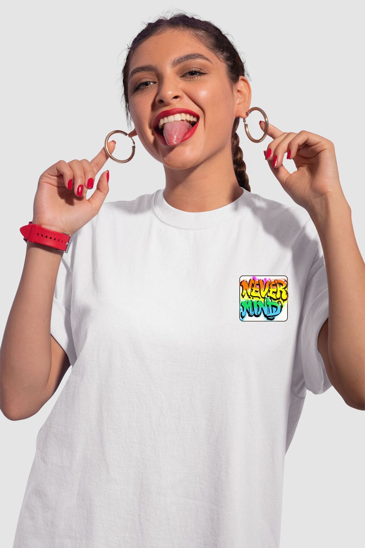 Unisex Renkli Graffiti Baskılı Oversize Beyaz T-shirt