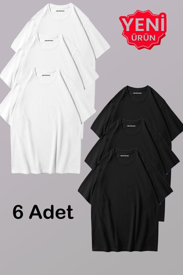 Erkek & Kadın Siyah Beyaz %100 Pamuklu 6’lı Tişört Paketi – Unisex T-Shirt