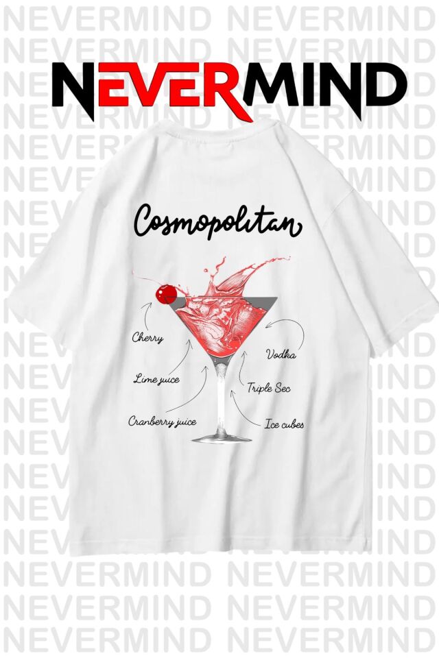 Kadın Oversize Pamuk Tişört - Cosmopolitan Kokteyl Desenli