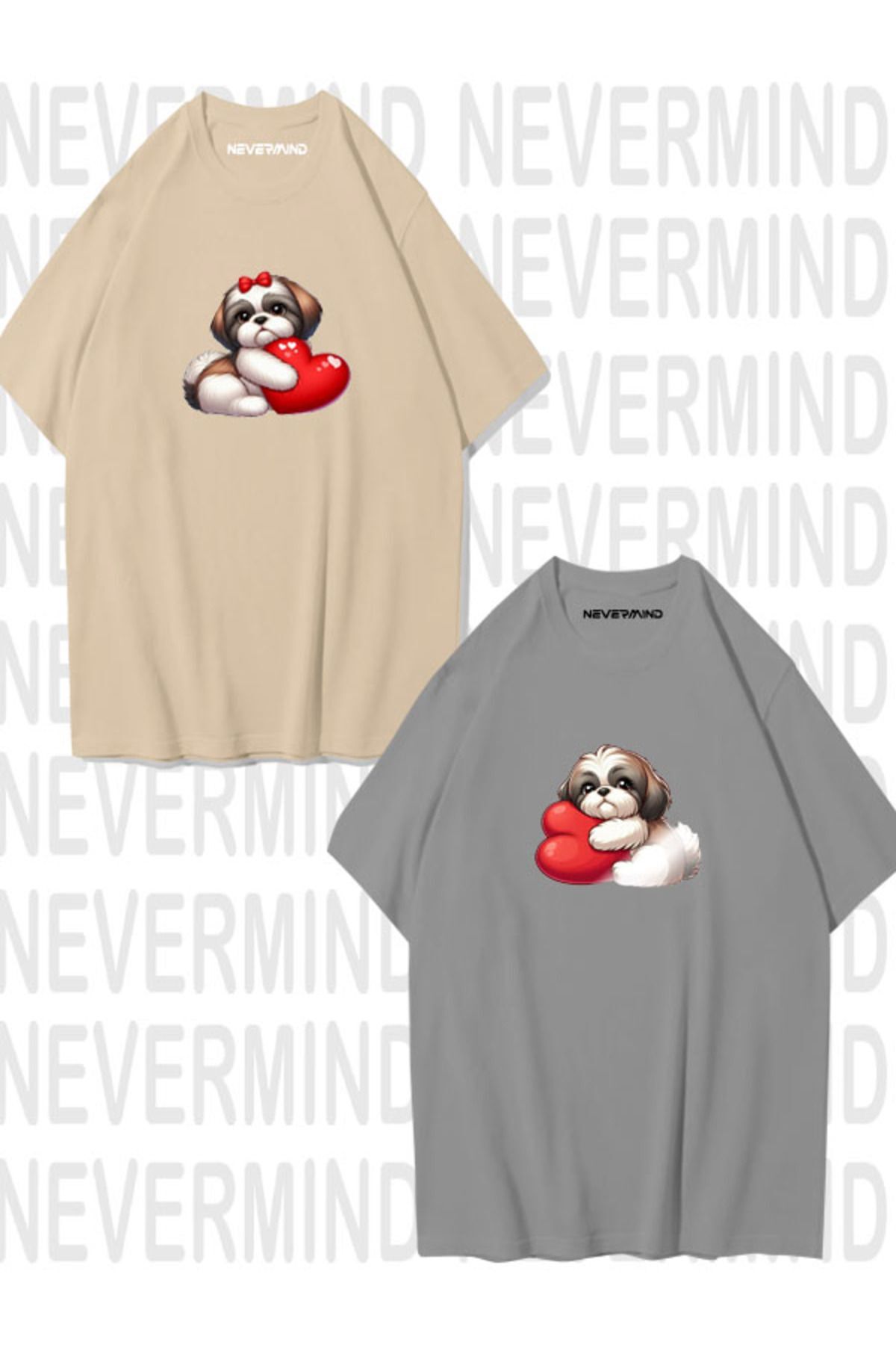 Sevgili Kombini Sevimli Köpek ve Kalp Baskılı Oversize Unisex Çift Tişörtü
