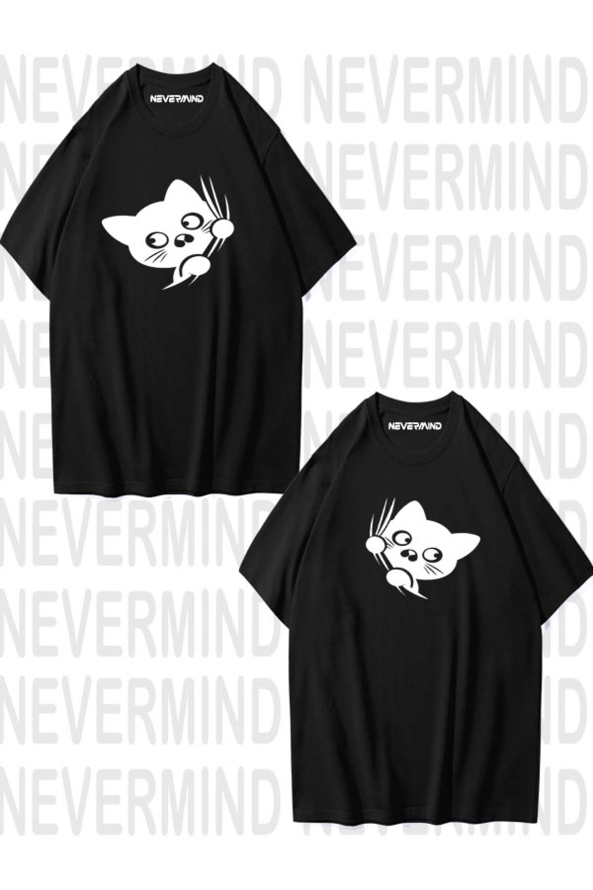 Sevimli Cat Temalı Unisex Çift Tişörtü