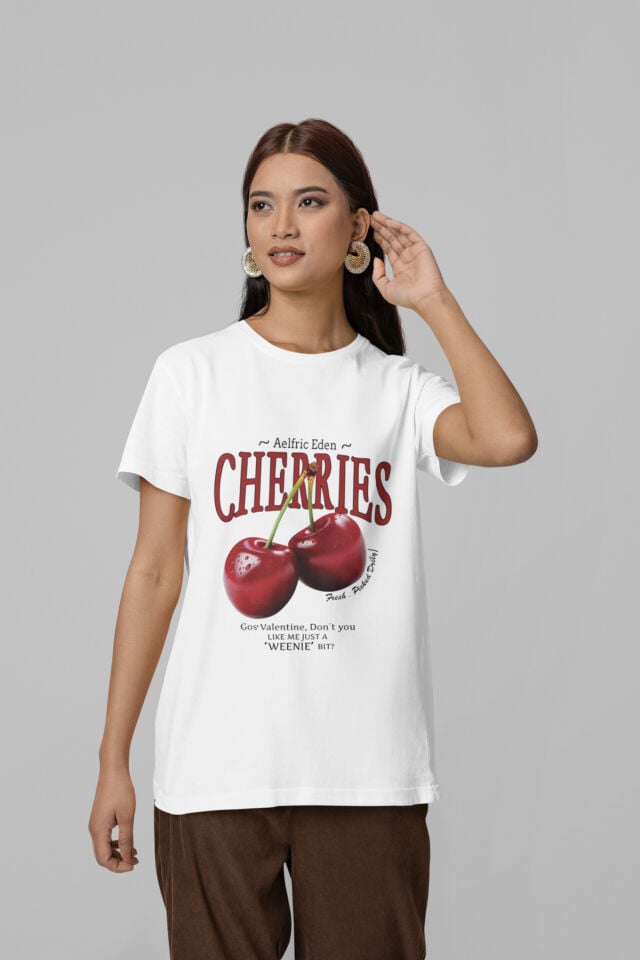 Unisex Erkek/Kadın CHERRIES Özel Baskılı Oversize Pamuklu Bisiklet Yaka T-Shirt