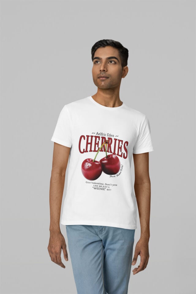 Unisex Erkek/Kadın CHERRIES Özel Baskılı Oversize Pamuklu Bisiklet Yaka T-Shirt