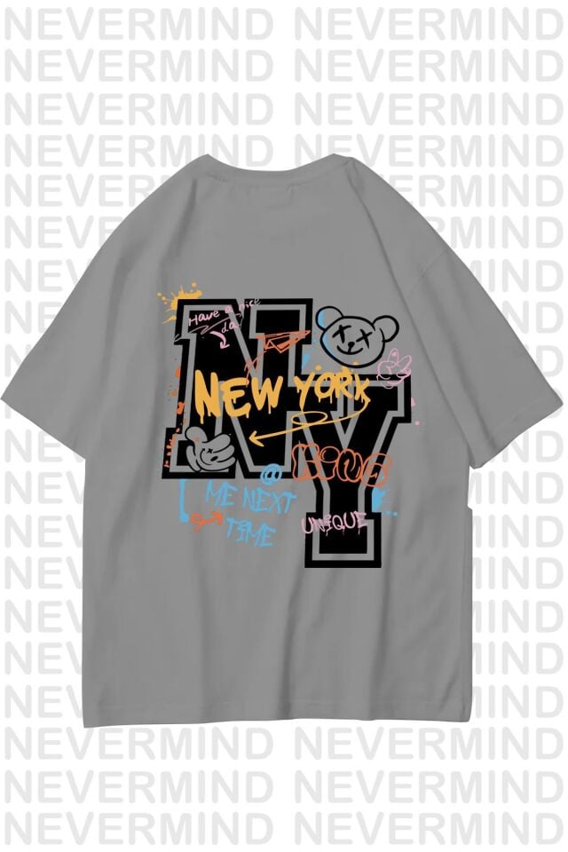 Unisex Kadın Erkek NY-ME Özel Tasarım Sırt Baskılı  Oversize Tshirt