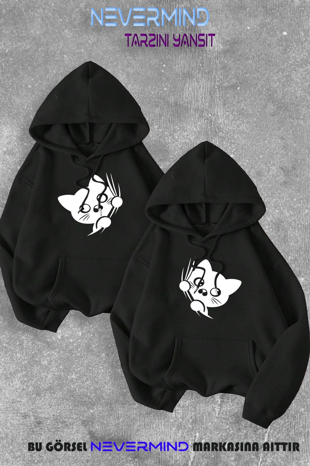 Sevgili Çift Kombini Sevimli Cat Ön Baskılı Kapüşonlu Sweatshirt 2li Set Takım