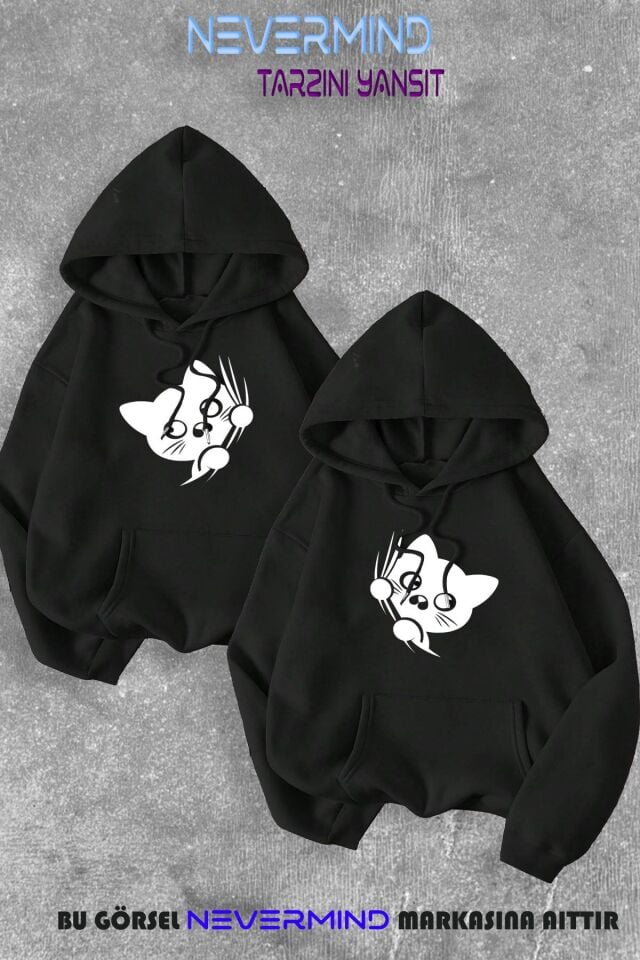 Sevgili Çift Kombini Sevimli Cat Ön Baskılı Kapüşonlu Sweatshirt 2li Set Takım