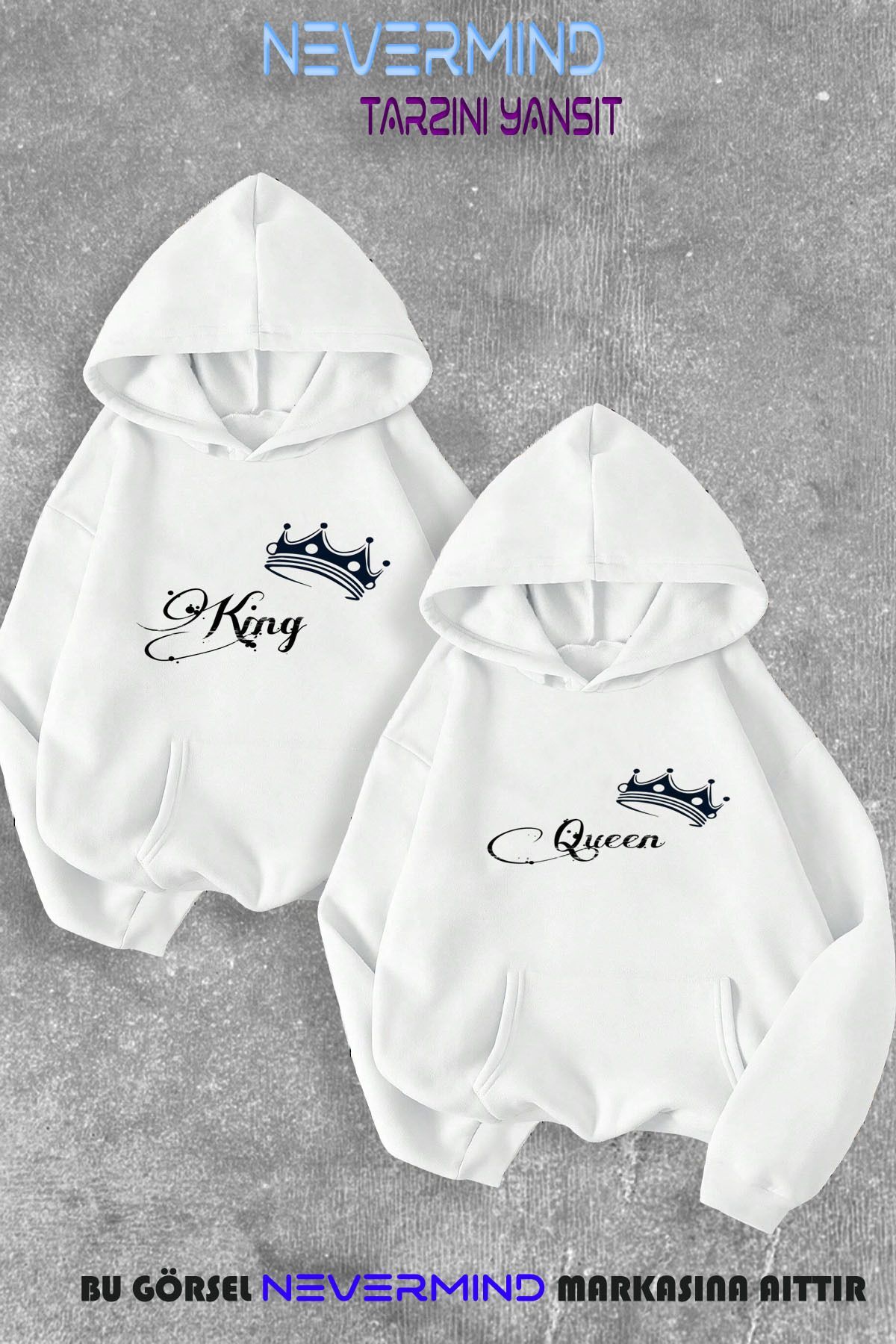 Sevgili Çift Kombini Kinq Queen Özel Baskılı Kapüşonlu Sweatshirt 2li Set Takım