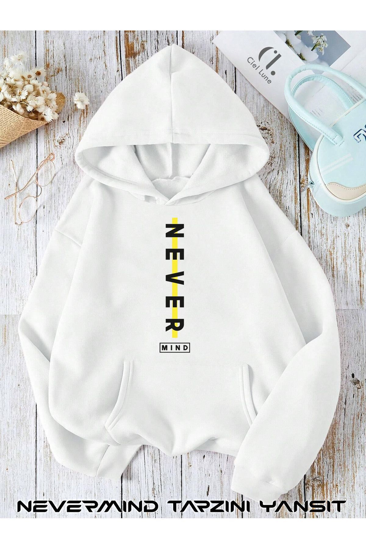 Unisex Nevermind Slogan Düz Baskılı Oversize Baskılı Kapşonlu Sweatshirt 3 Iplik