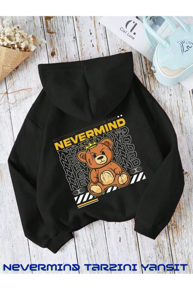Unisex Nevermind Bear Baskılı Oversize Baskılı Kapşonlu Sweatshirt 3 Iplik