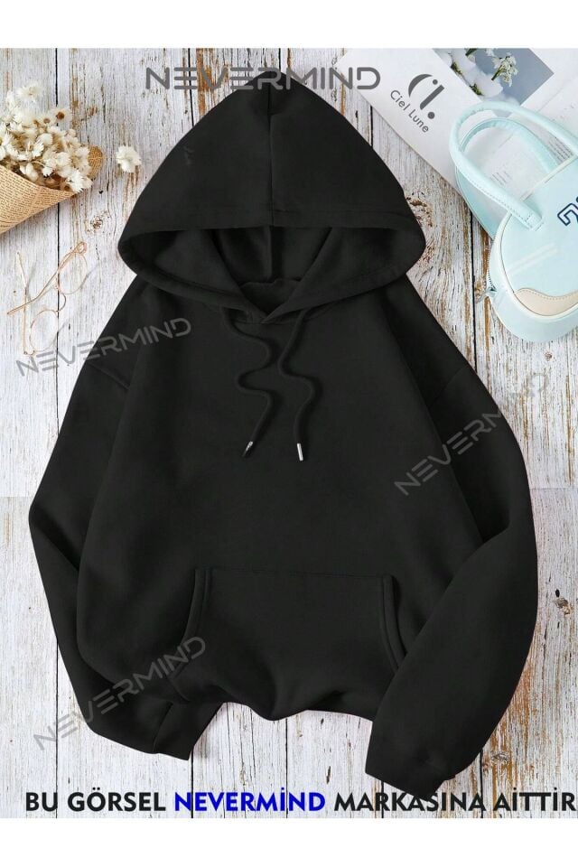 Unisex Nevermind Bear Baskılı Oversize Baskılı Kapşonlu Sweatshirt 3 Iplik