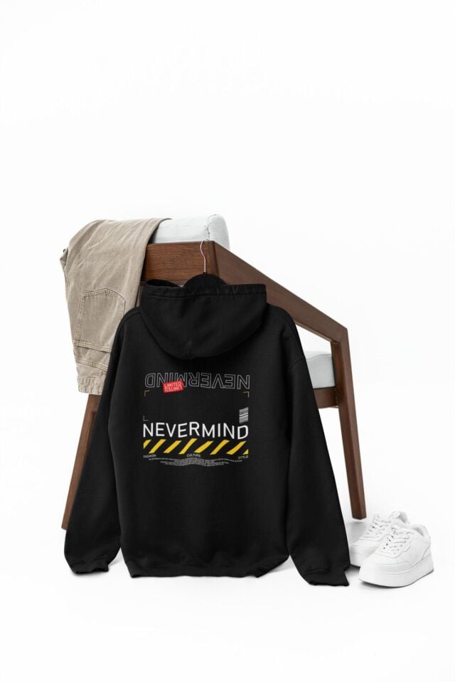 Unisex Nevermind Barcode Baskılı Oversize Baskılı Kapşonlu Sweatshirt 3 Iplik