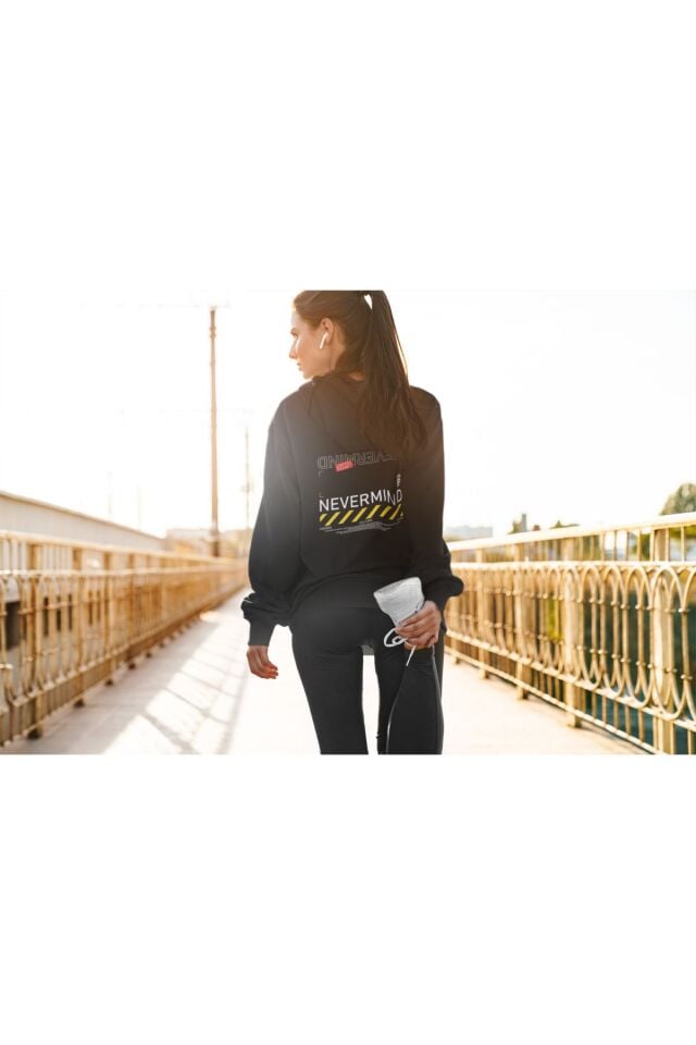 Unisex Nevermind Barcode Baskılı Oversize Baskılı Kapşonlu Sweatshirt 3 Iplik