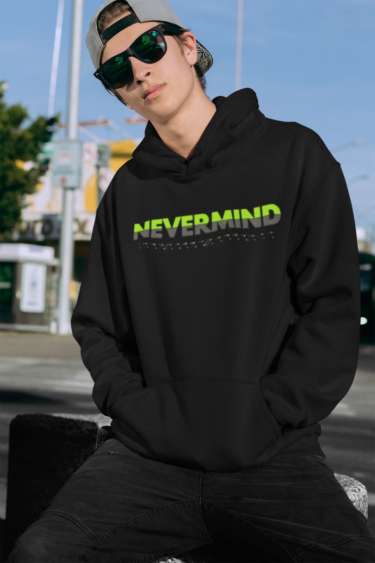 Unisex Nevermind Yazı Baskılı Oversize Baskılı Kapşonlu Sweatshirt 3 Iplik