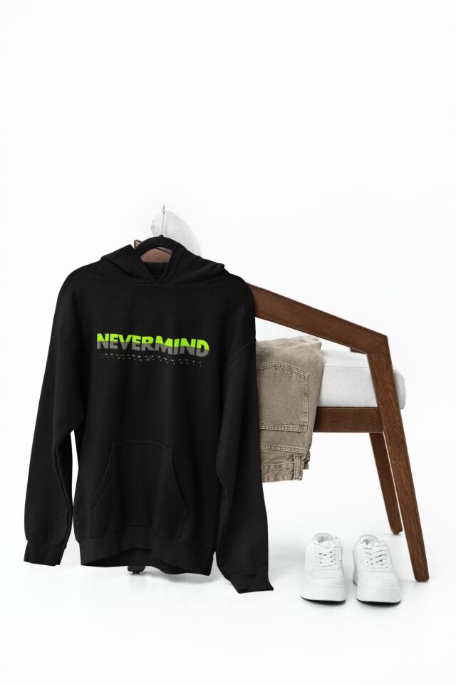 Unisex Nevermind Yazı Baskılı Oversize Baskılı Kapşonlu Sweatshirt 3 Iplik