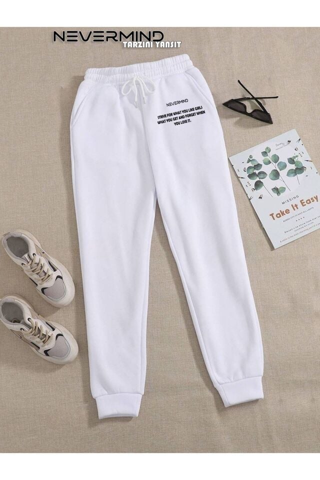 Unisex Nevermind Slogan Basklı 3 Iplik Düz Elastik Bel Ve Paça Termal Astarlı Jogger Eşofman Altı