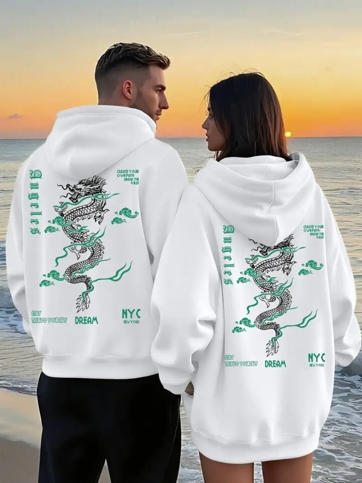 Sevgili Çift Kombin Yesil Desen Ejderha Desenli Baskılı Renk Kapüşonlu Sweatshirt 2li Set Takım 3 İplik Pamuk
