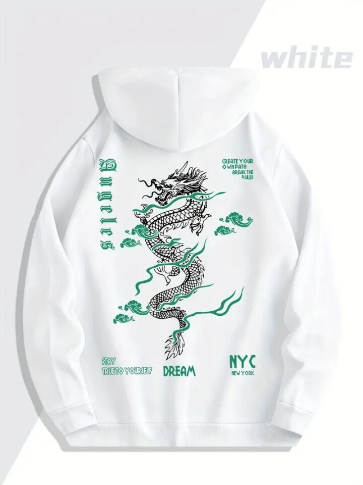 Sevgili Çift Kombin Yesil Desen Ejderha Desenli Baskılı Renk Kapüşonlu Sweatshirt 2li Set Takım 3 İplik Pamuk