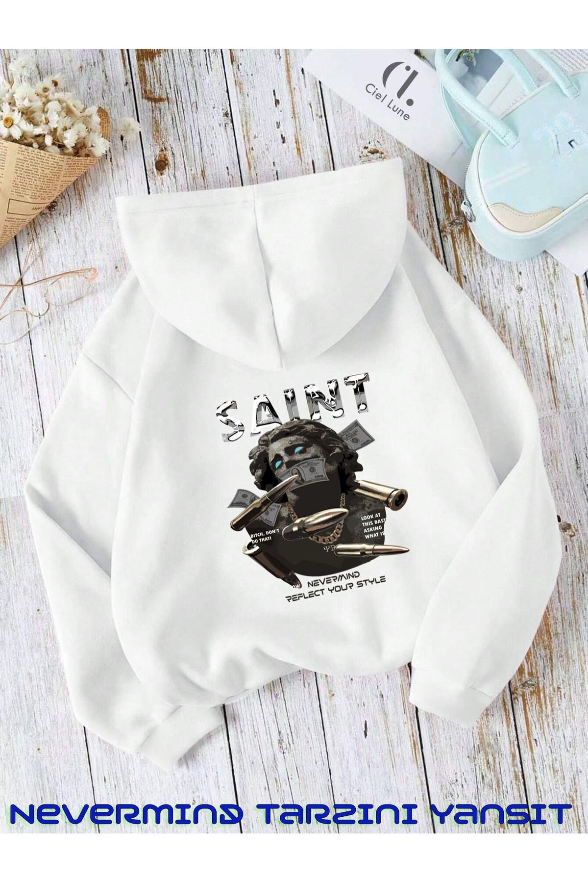 Unisex Saint Nevermind Slogan Baskılı Oversize Baskılı Kapşonlu Sweatshirt 3 Iplik