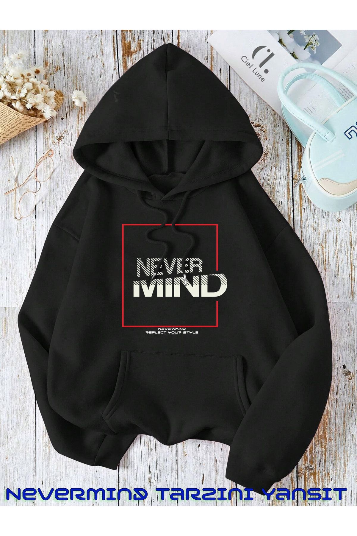 Unisex Nevermind Slogan Baskılı Oversize Baskılı Kapşonlu Sweatshirt 3 Iplik