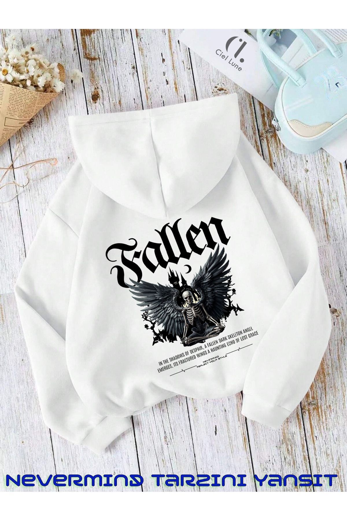 Unisex Fallen Gotik Baskılı Oversize Baskılı Kapşonlu Sweatshirt 3 Iplik