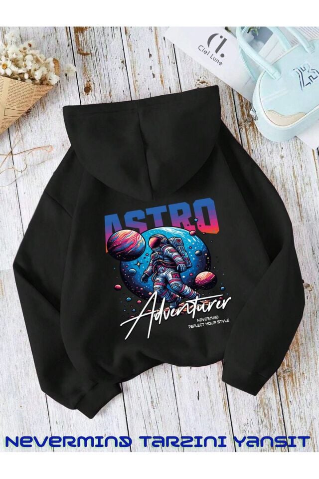 Unisex Astro Sırt Baskılı Oversize Baskılı Kapşonlu Sweatshirt 3 Iplik