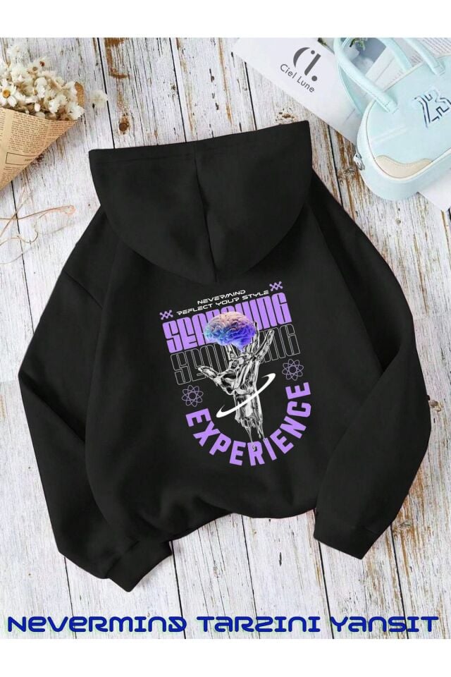Unisex Experience Nevermınd Sırt Baskılı Oversize Baskılı Kapşonlu Sweatshirt 3 Iplik