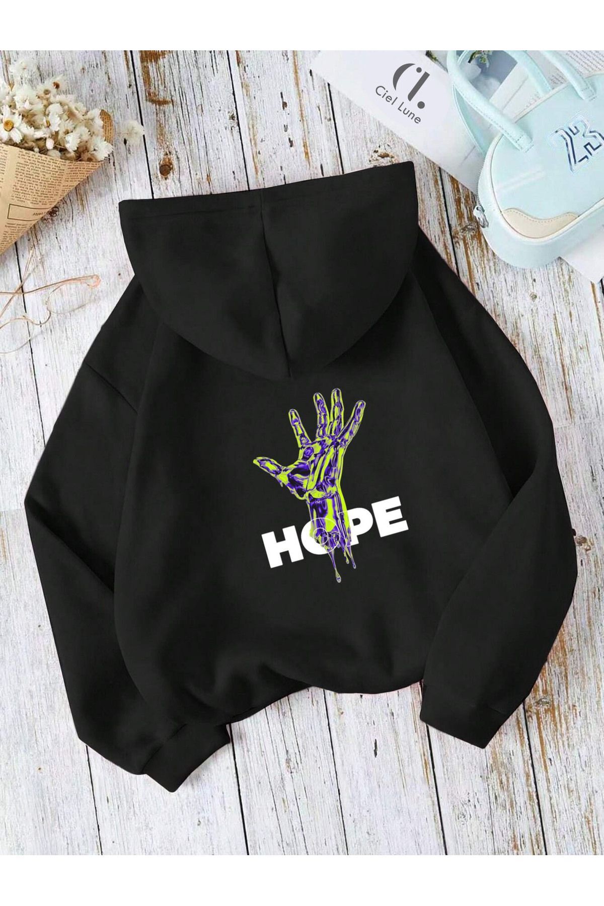 Unisex Hope Sırt Baskılı Oversize Baskılı Kapşonlu Sweatshirt 3 Iplik