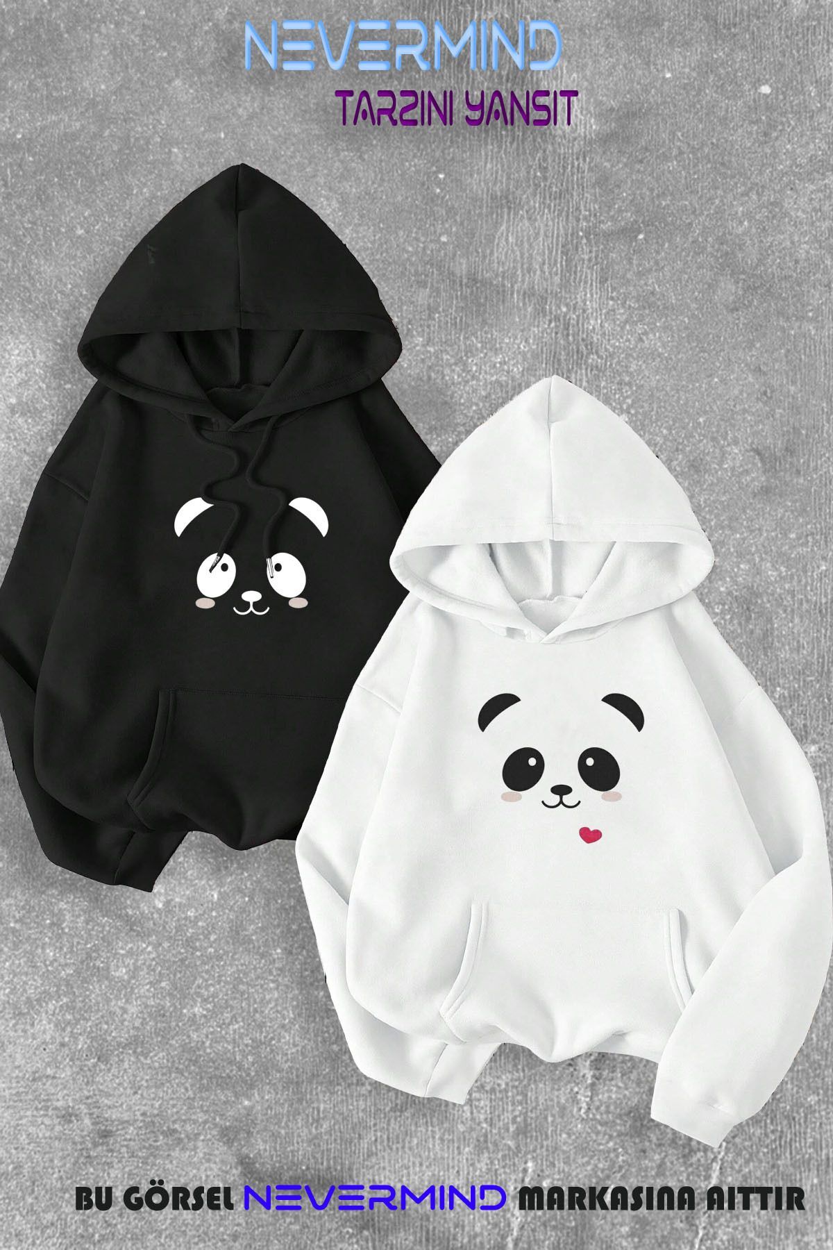 Sevgili Çift Kombini Panda Baskılı Kapüşonlu Sweatshirt 2li Set Takım