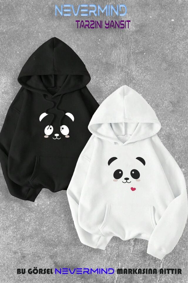 Sevgili Çift Kombini Panda Baskılı Kapüşonlu Sweatshirt 2li Set Takım