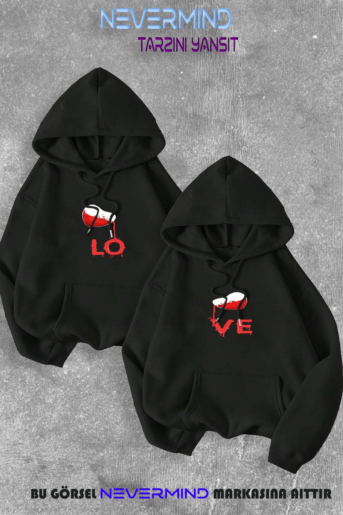 Sevgili Çift Kombini Lo&Ve  Baskılı Kapüşonlu Sweatshirt 2li Set Takım