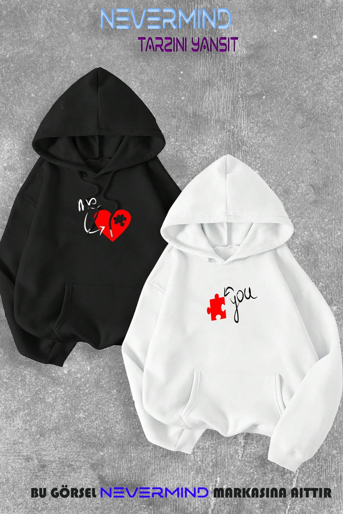 Sevgili Çift Kombini Me&You Puzzle Baskılı Kapüşonlu Sweatshirt 2li Set Takım