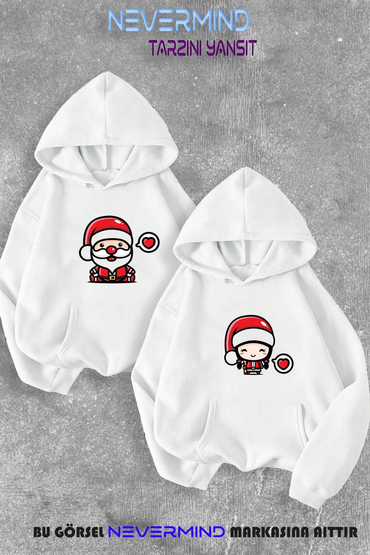 Sevgili Çift Kombin Noel Baba ve Noel Kız Yılbaşı Özel Kapüşonlu Sweatshirt 2li Set Takım