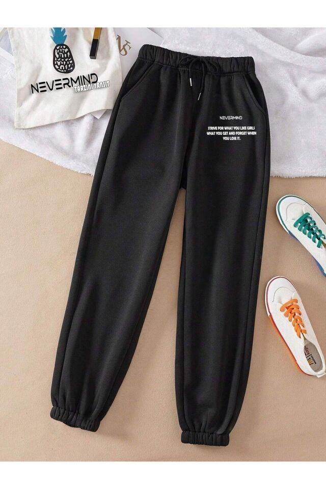 Kadın Nevermind Slogan Basklı 3 Iplik Düz Elastik Bel Ve Paça Termal Astarlı Jogger Eşofman Altı