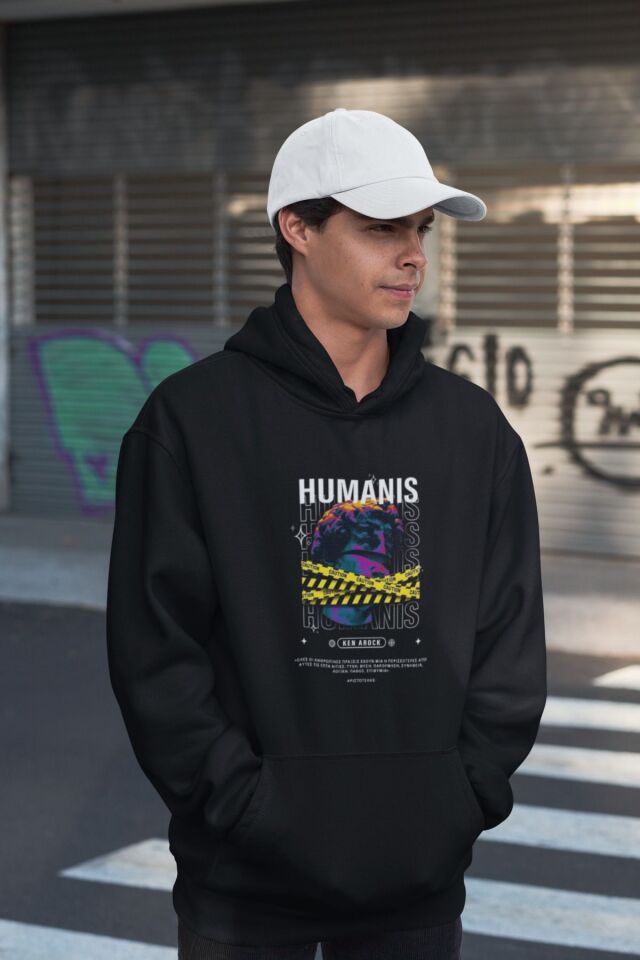 Unisex Humanıs Baskılı Oversize Baskılı Kapşonlu Sweatshirt 3 Iplik