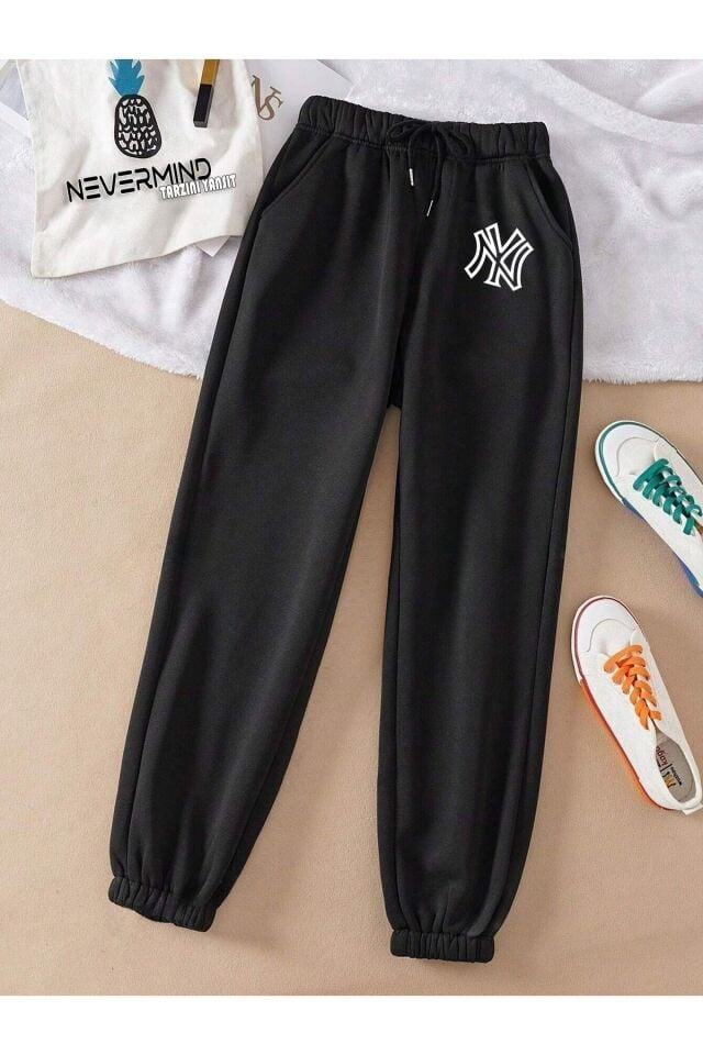Kadın NY Basklı 3 Iplik Düz Elastik Bel Ve Paça Termal Astarlı Jogger Eşofman Altı