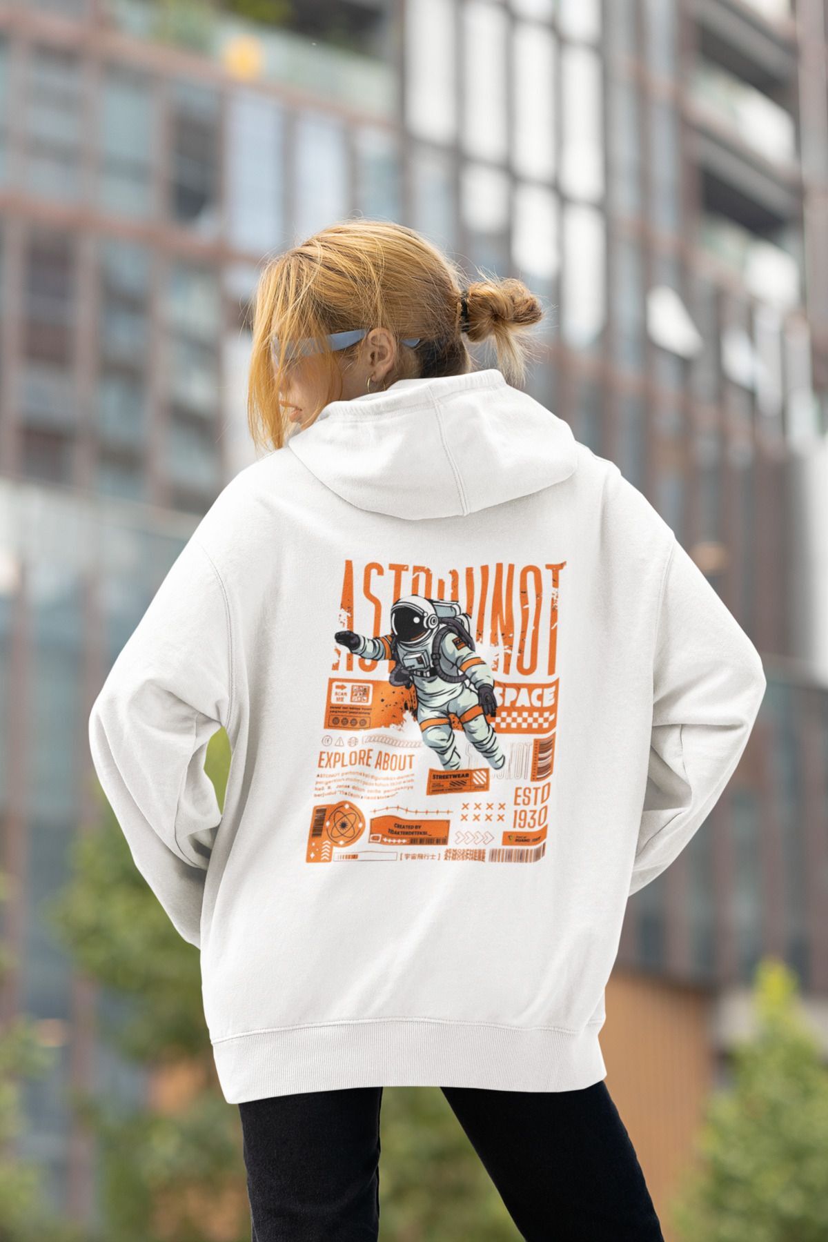 Unisex Astronot Space Baskılı Oversize Baskılı Kapşonlu Sweatshirt 3 Iplik