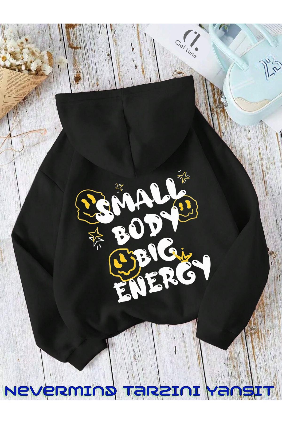 Unisex Small Body Baskılı Oversize Baskılı Kapşonlu Sweatshirt 3 Iplik