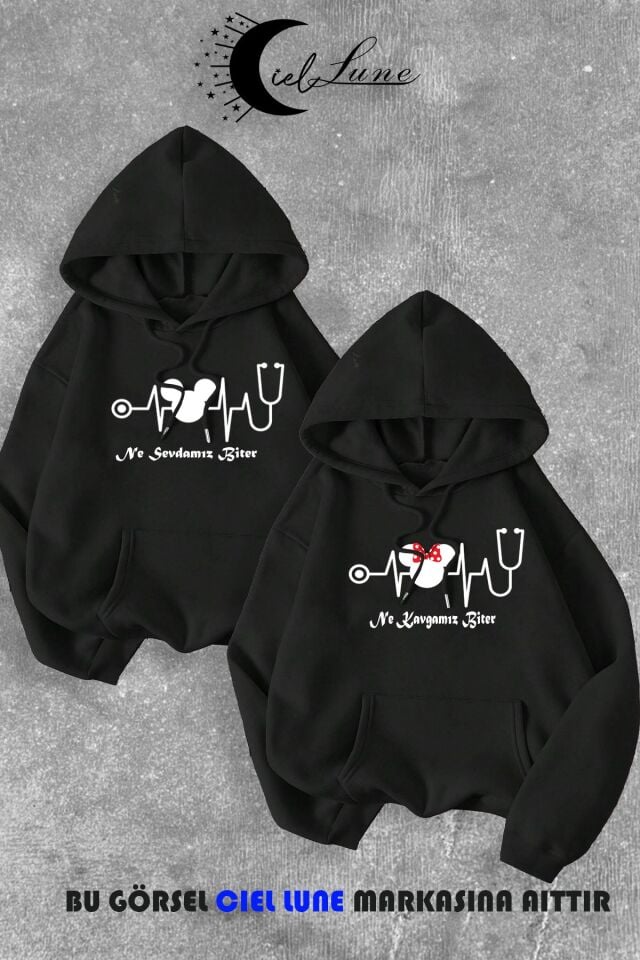 Sevgili Çift Kombini Ne Kavgamız Biter Ne Sevdamız Baskılı Kapüşonlu Sweatshirt 2li Set Takım
