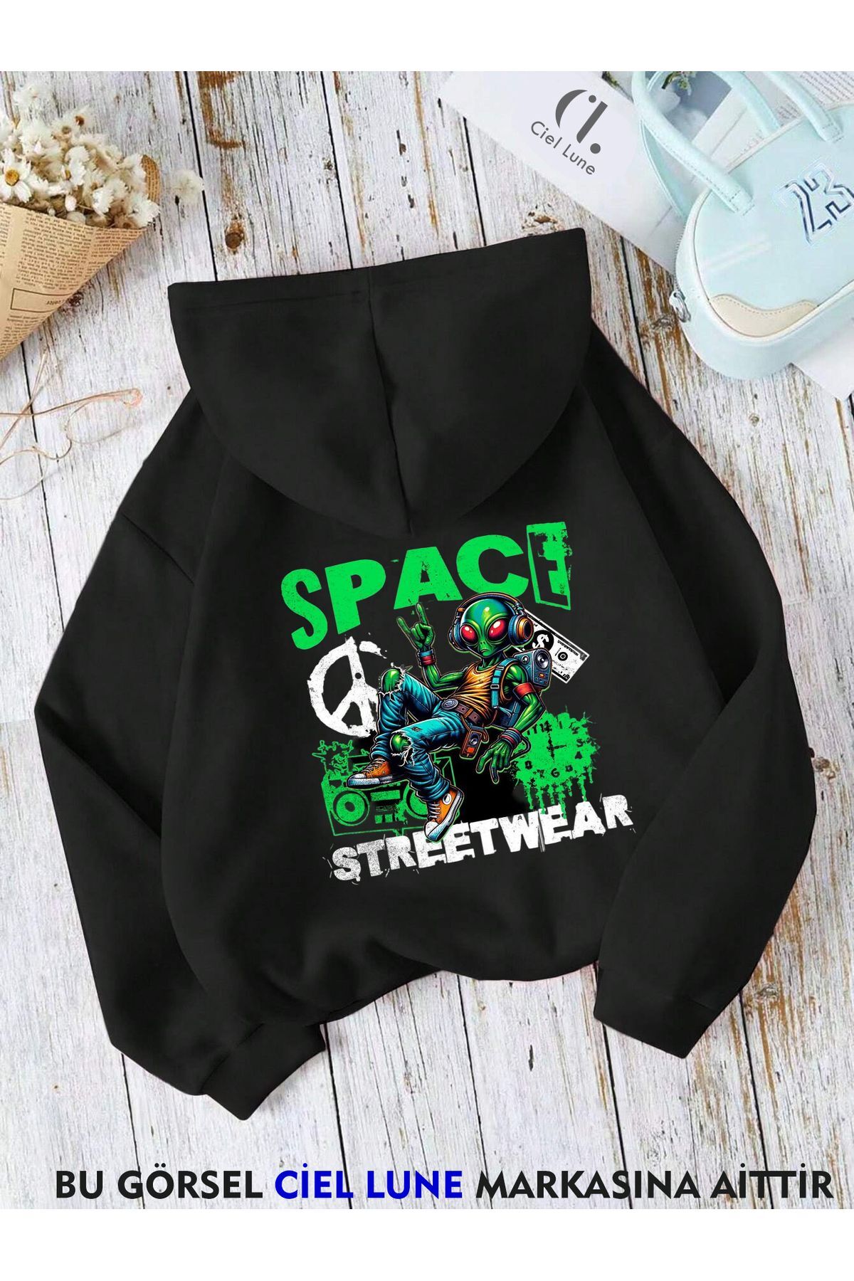 Unisex Space Wear Baskılı Oversize Baskılı Kapşonlu Sweatshirt 3 Iplik
