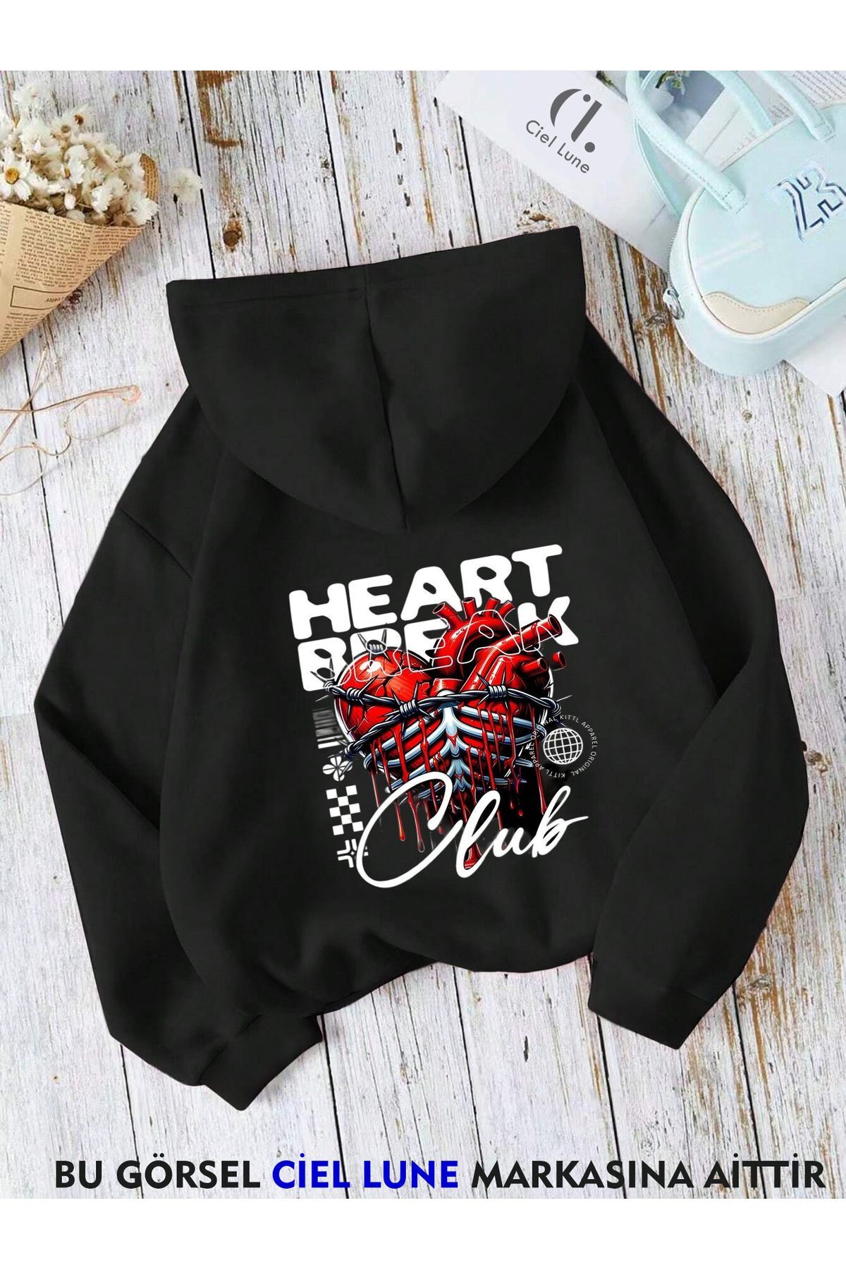 Unisex Heart Break Baskılı Oversize Baskılı Kapşonlu Sweatshirt 3 Iplik