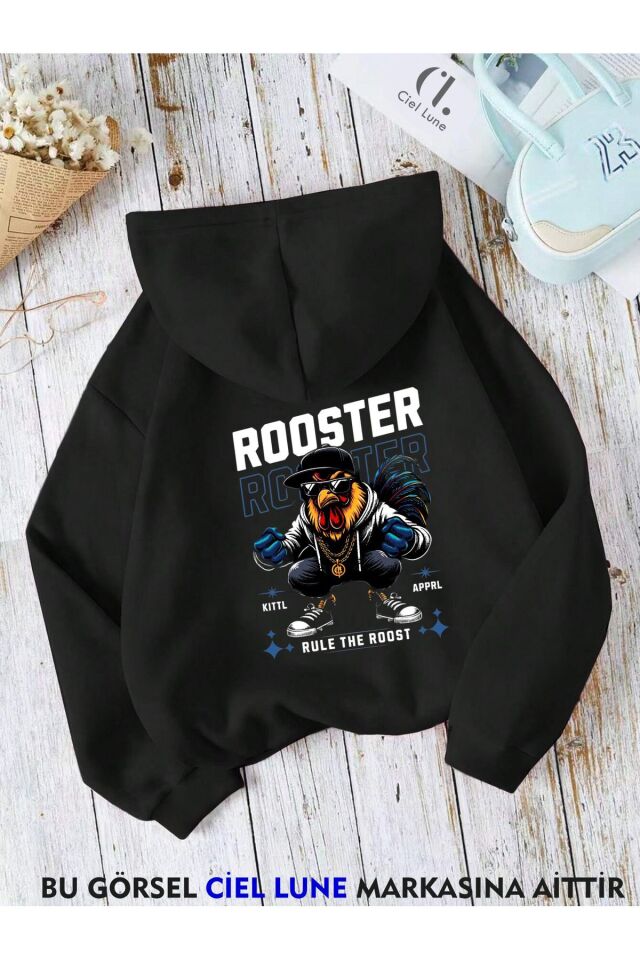Unisex Rooster Baskılı Oversize Baskılı Kapşonlu Sweatshirt 3 Iplik