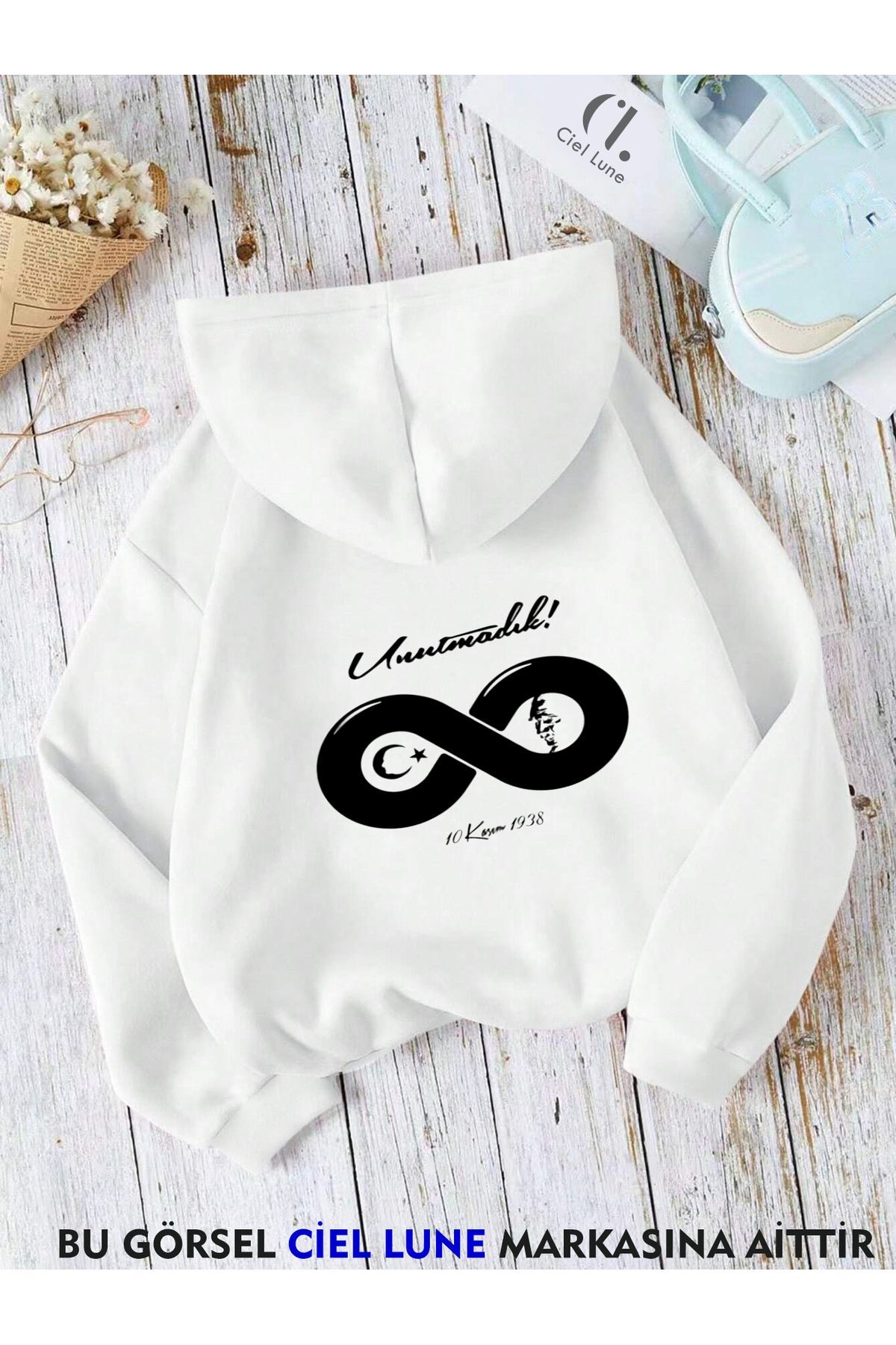 Unisex 10 Kasım Unutmadık Baskılı Oversize Baskılı Kapşonlu Sweatshirt 3 Iplik