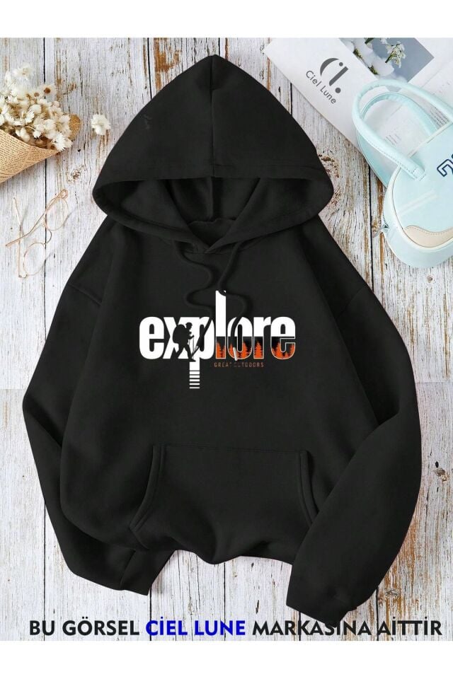 Unisex Explore Baskılı Oversize Baskılı Kapşonlu Sweatshirt 3 Iplik