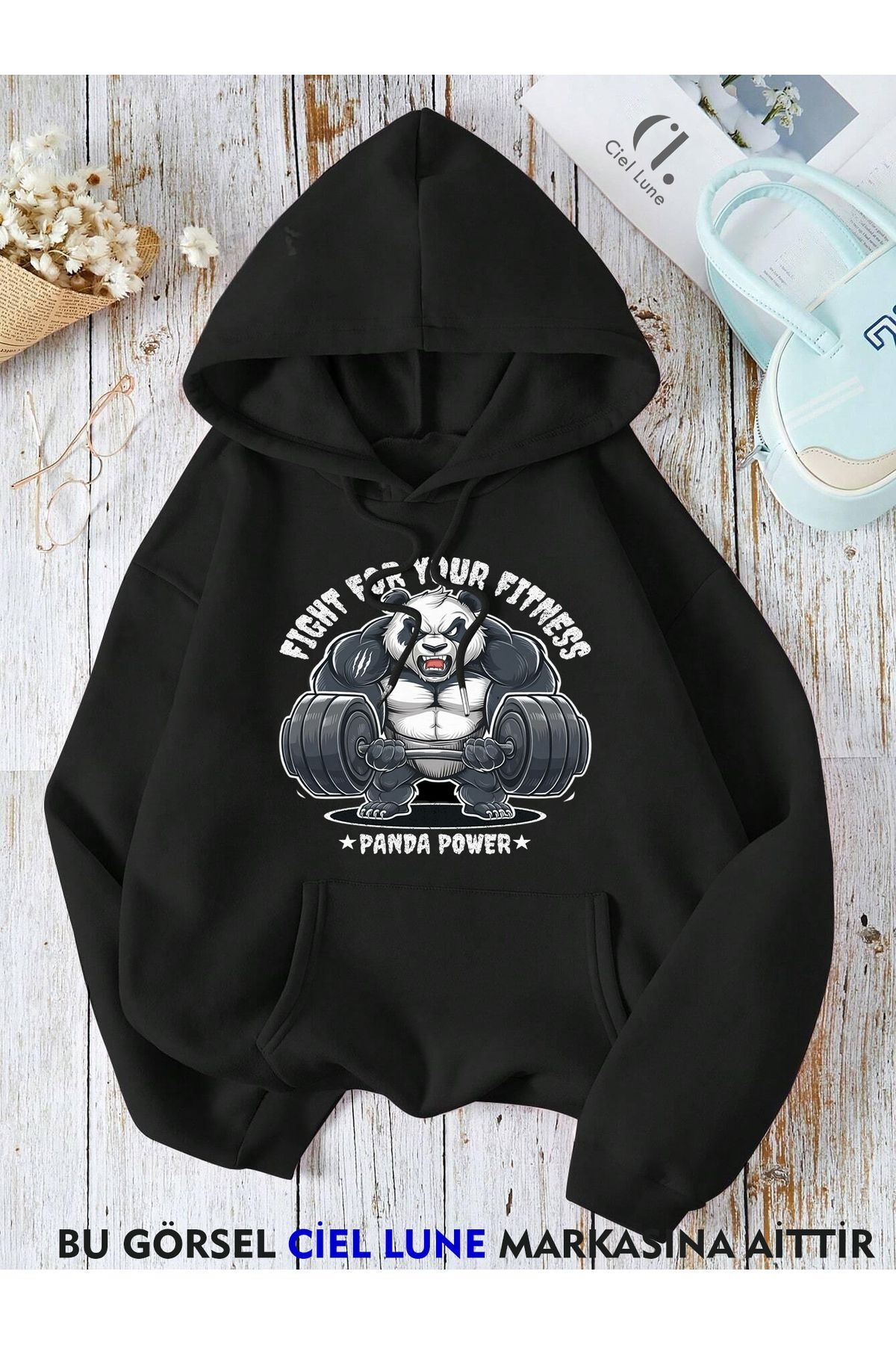 Unisex Panda Power GYM Baskılı Oversize Baskılı Kapşonlu Sweatshirt 3 Iplik
