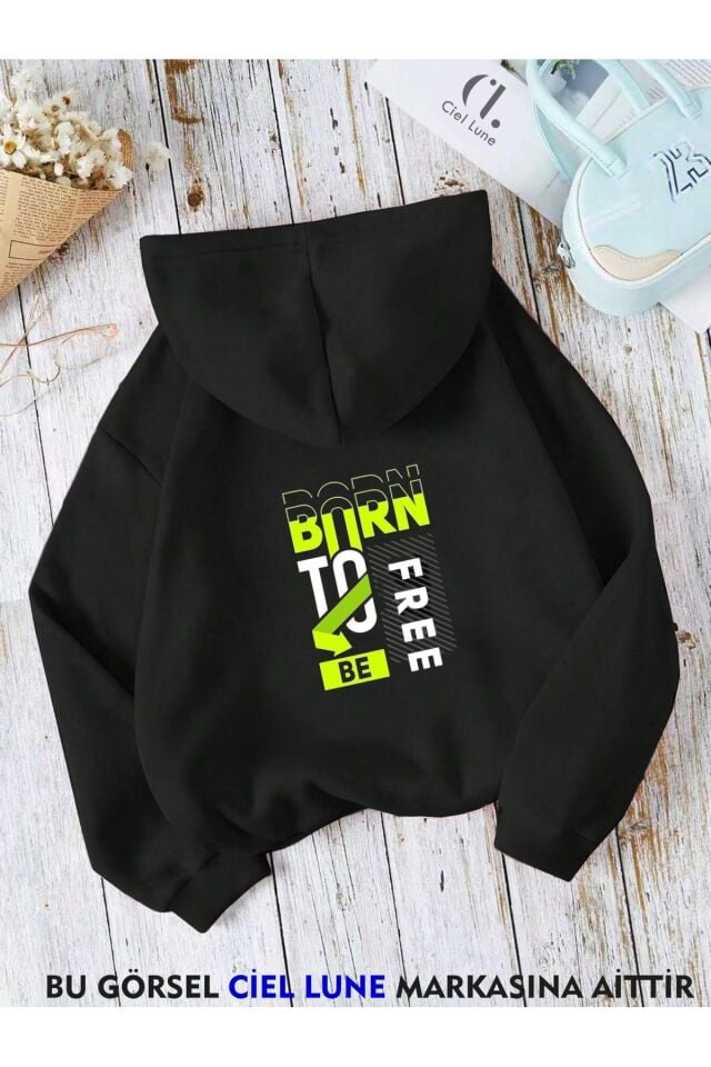 Unisex Born To Baskılı Oversize Baskılı Kapşonlu Sweatshirt 3 Iplik
