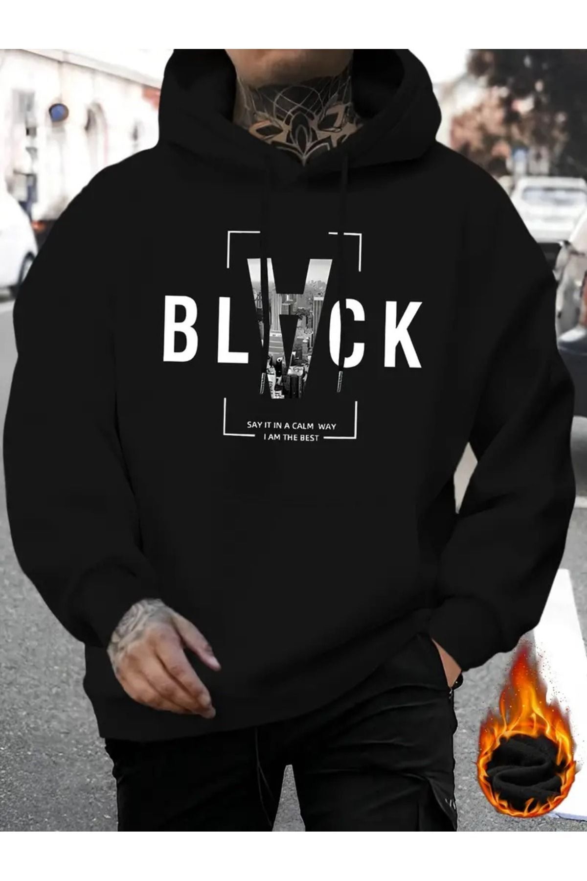 Unisex Black Baskılı Oversize Baskılı Kapşonlu Sweatshirt 3 Iplik