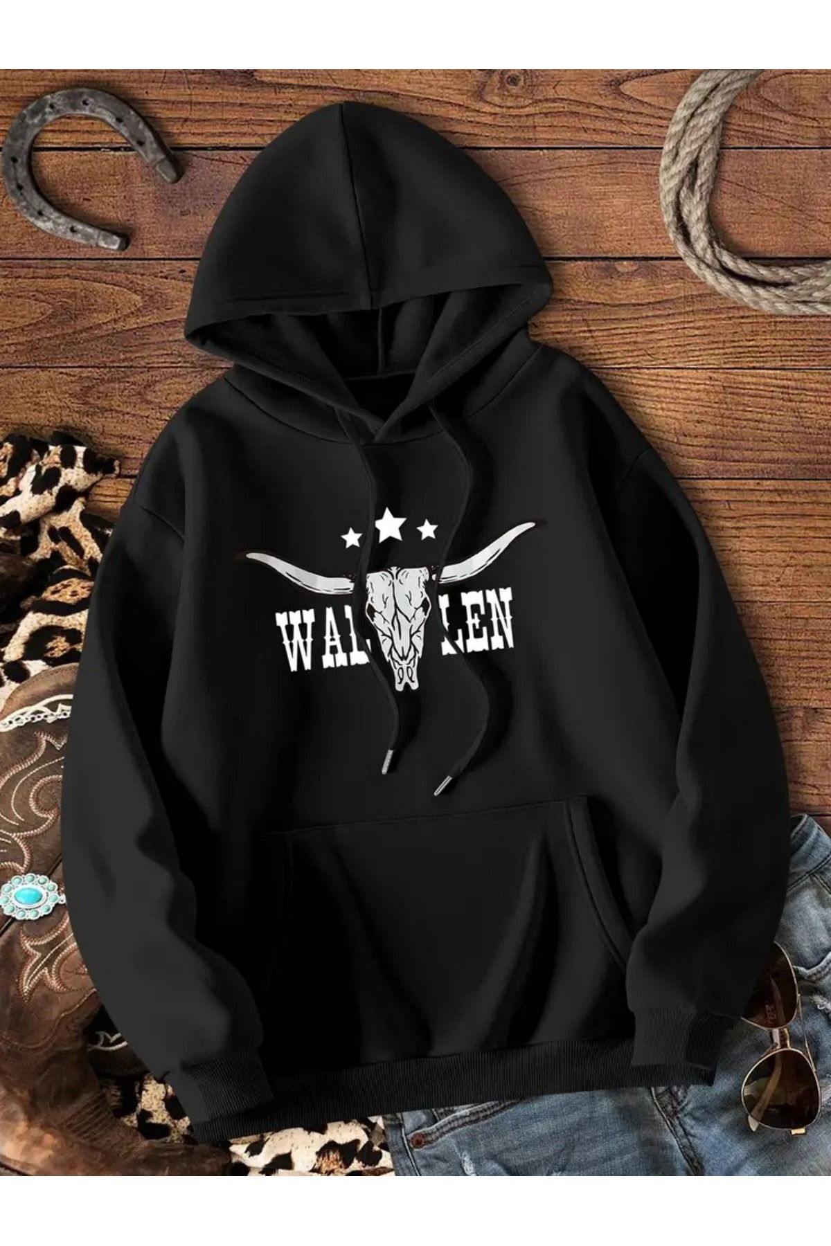 Unisex Wallen Baskılı Oversize Baskılı Kapşonlu Sweatshirt 3 Iplik