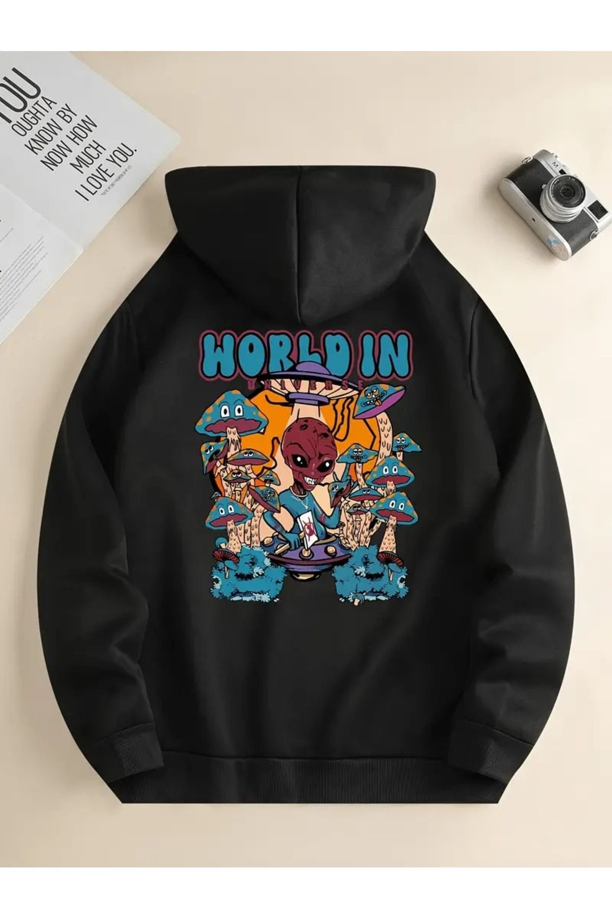 Unisex World İn Baskılı Oversize Baskılı Kapşonlu Sweatshirt 3 Iplik